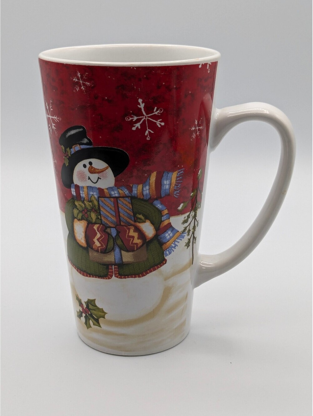 Christmas Snowman Tall Ceramic Latte Mug Red Snowflake Holiday Cocoa Cup 16oz